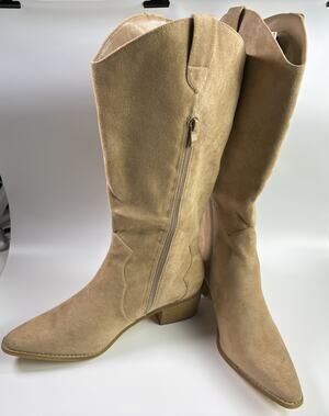 SHIBEVER Women 10.5-11 Camel Soft Suede Cowboy Boots Knee HighPointed Toe